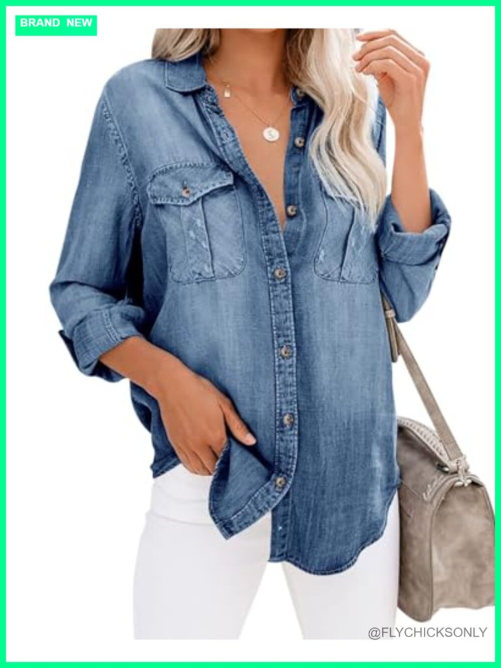 Button Down Denim Shirt Oversized Long Sleeve Roll Up Casual Jean Jacket Tunic - Picture 5 of 7